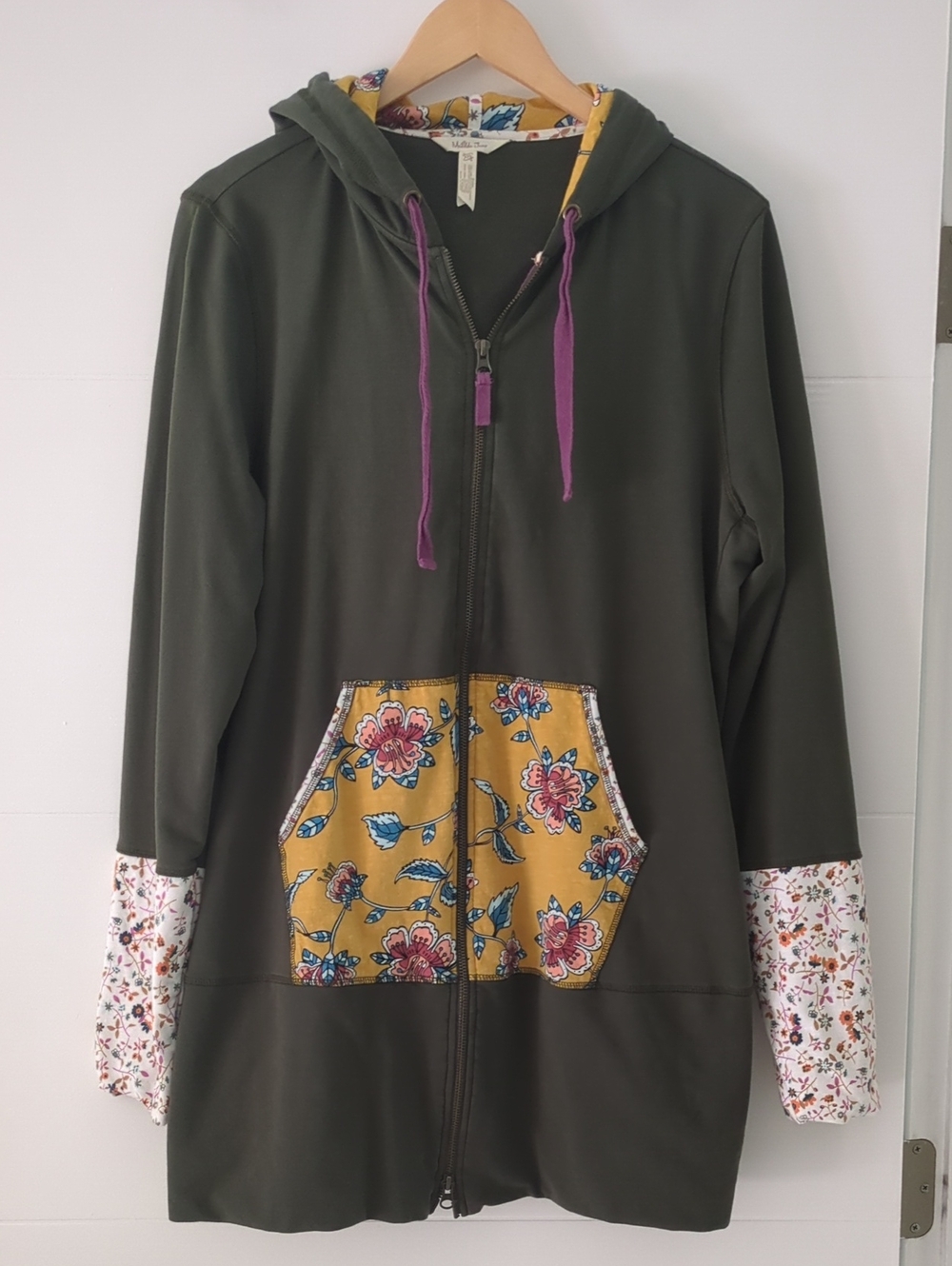Matilda Jane Olive Long Hooded Zip Jacket Mustard Floral Patches &Pocket Sz XXL